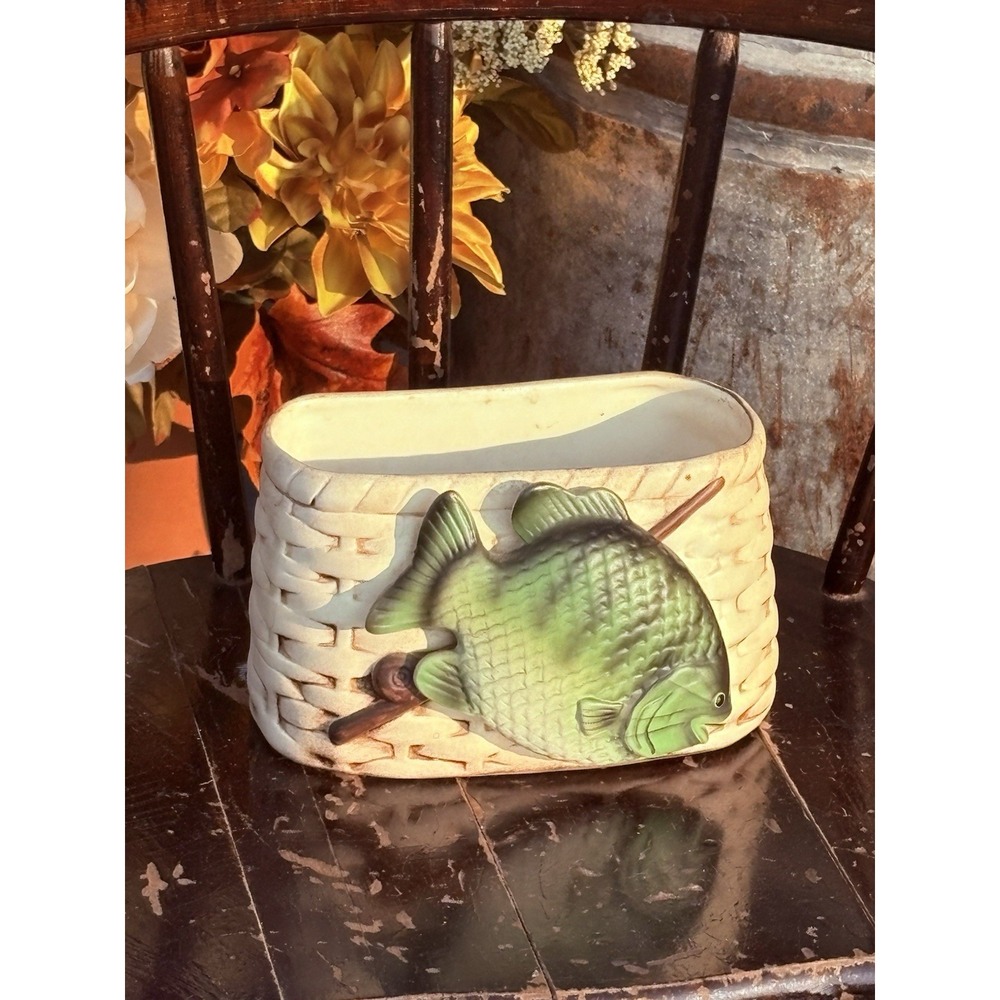 Vintage NAPCO Bluegill Fish Ceramic Planter Wicker Basket Mail Holder